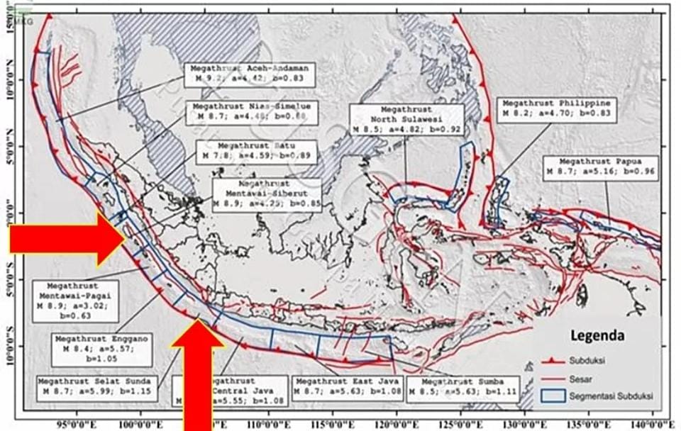 peta potensi gempa megathrust di Indonesia, di Selat Sunda dan Mentawai-Siberut.