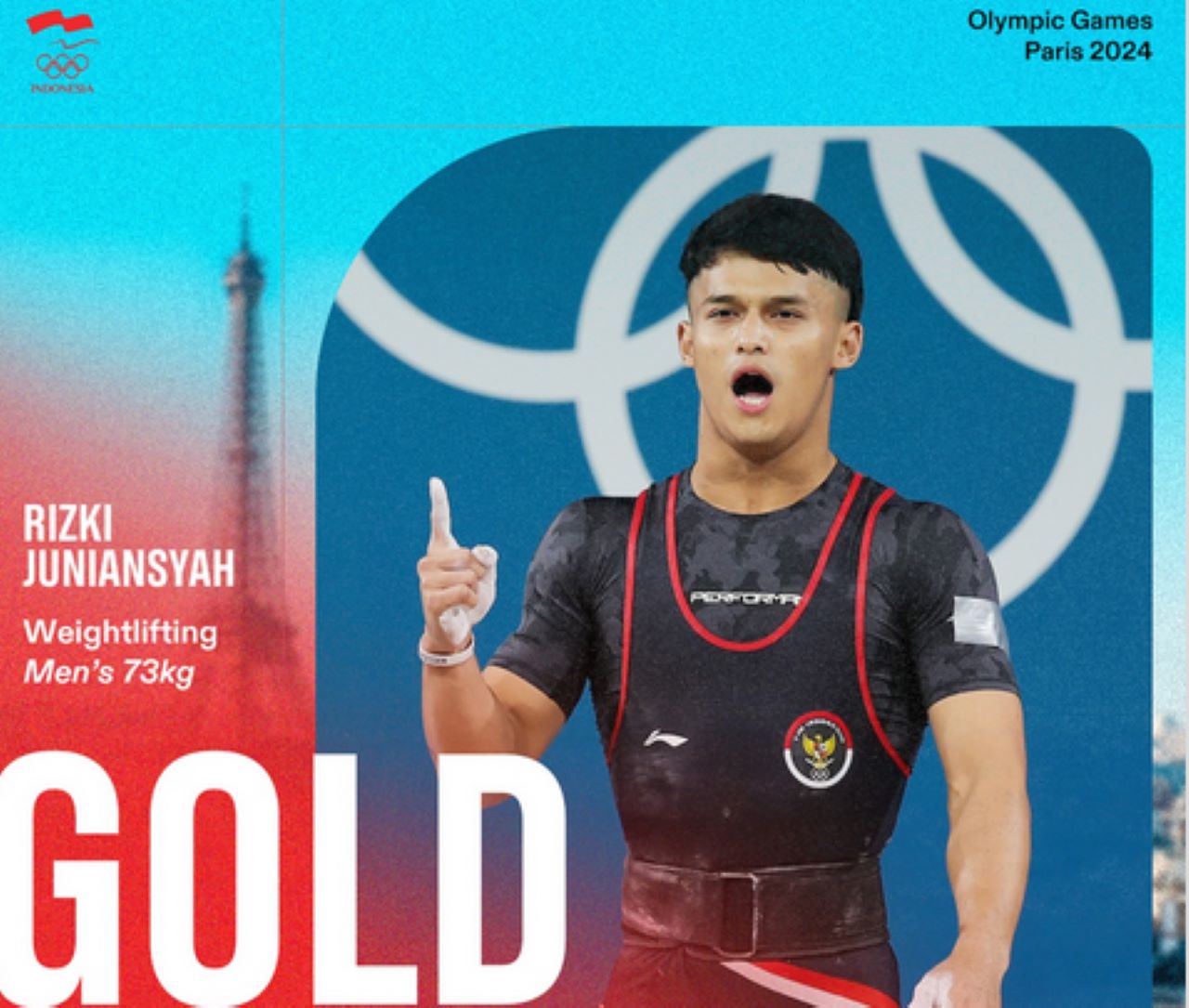 Rizki Juniansyah menghadirkan emas bersejarah dengan memenangi kelas 73 kg cabang angkat besi Olimpiade 2024 Paris.